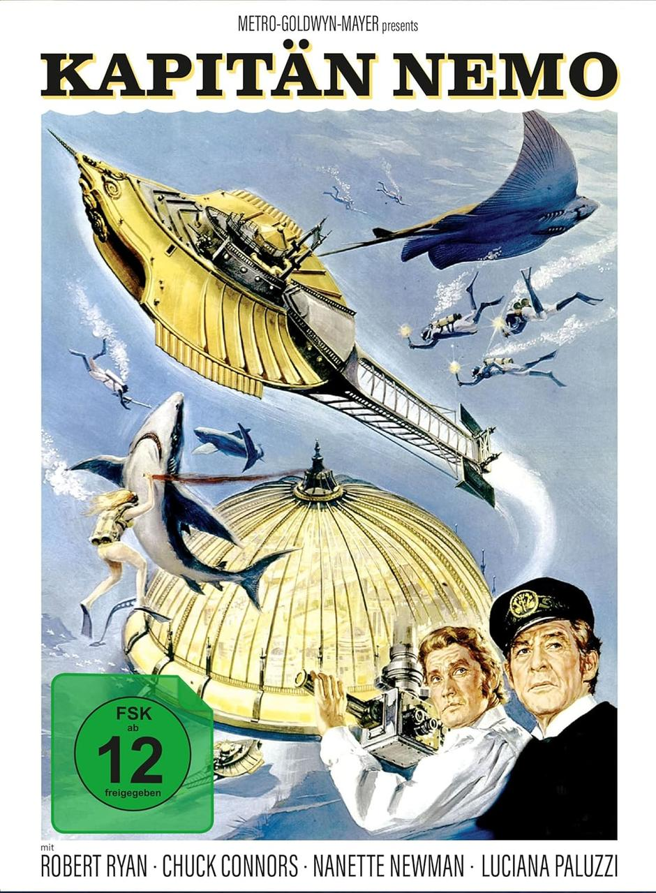 Filmplakat für 'Kapitän Nemo' zeigt ein gelbes U-Boot, Taucher, Haie und eine Kuppel. Schauspieler sind ebenfalls abgebildet.