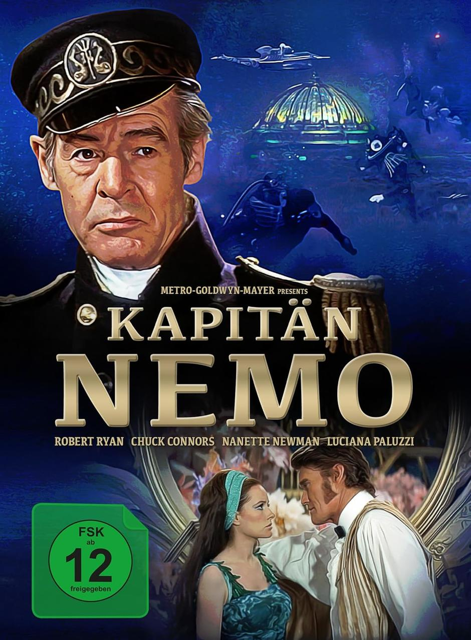 Filmplakat für Kapitan Nemo. Es zeigt einen Mann in Kapitänsuniform, eine Frau und den Filmtitel.
