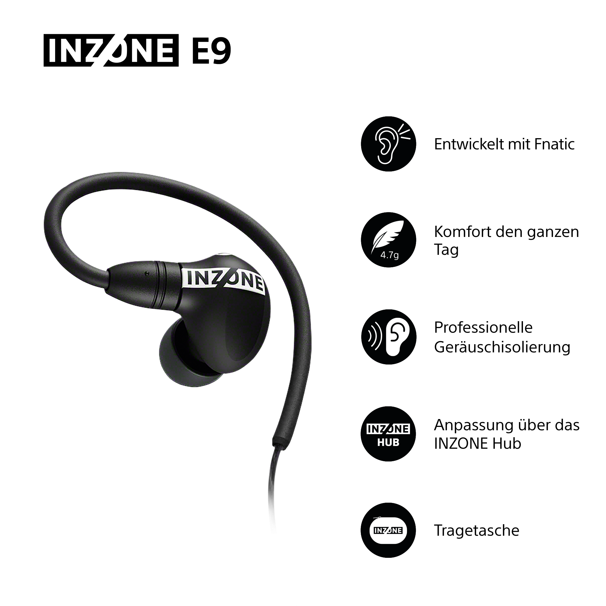 Schwarze INZONE E9 Ohrhörer mit Kabel, Markenname und Symbolen für Funktionen wie Komfort, Geräuschisolierung und Fnatic-Zusammenarbeit.