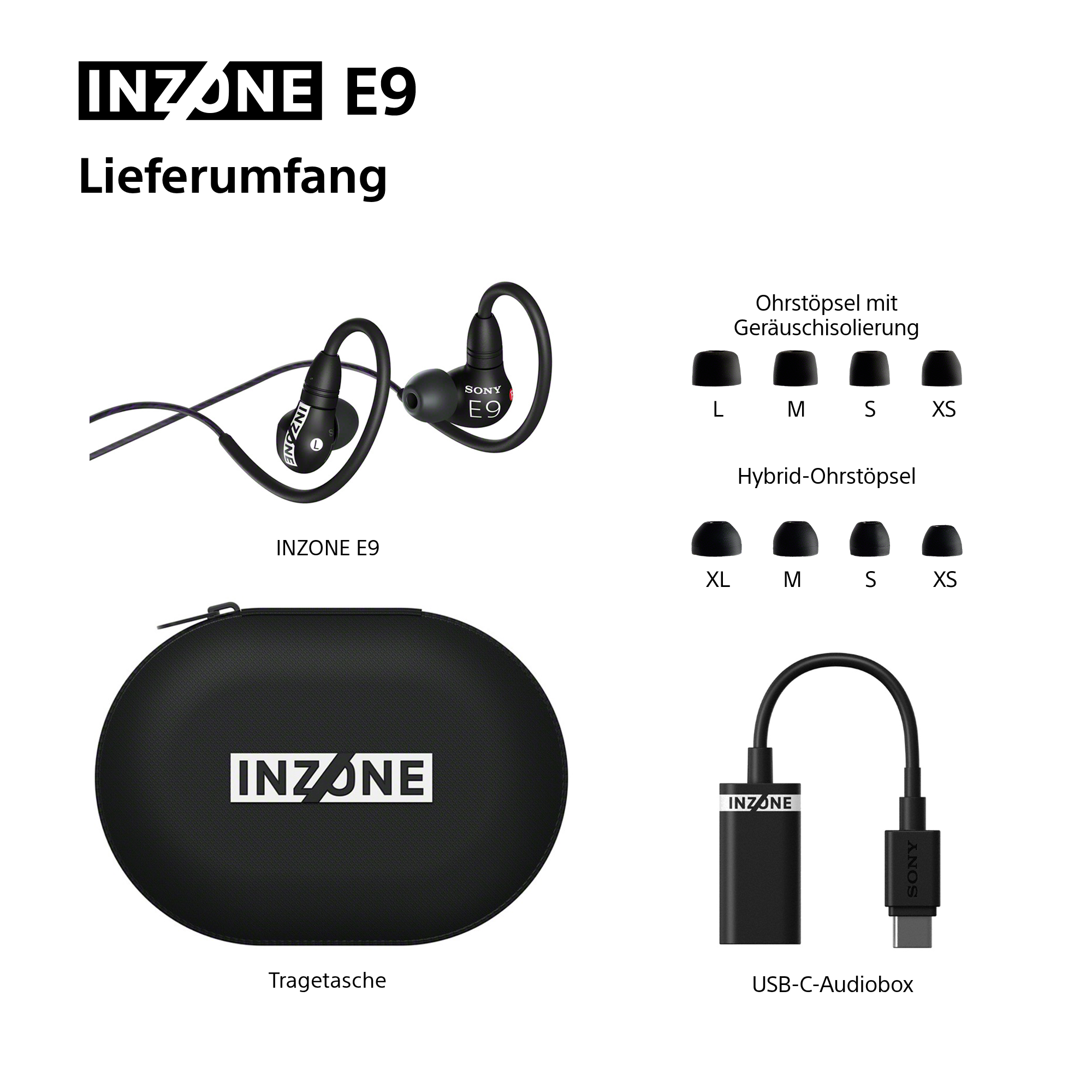 Schwarze INZONE E9-Ohrhörer, Etui und USB-C-Audiobox. Ohrstöpsel in verschiedenen Größen sind ebenfalls enthalten.