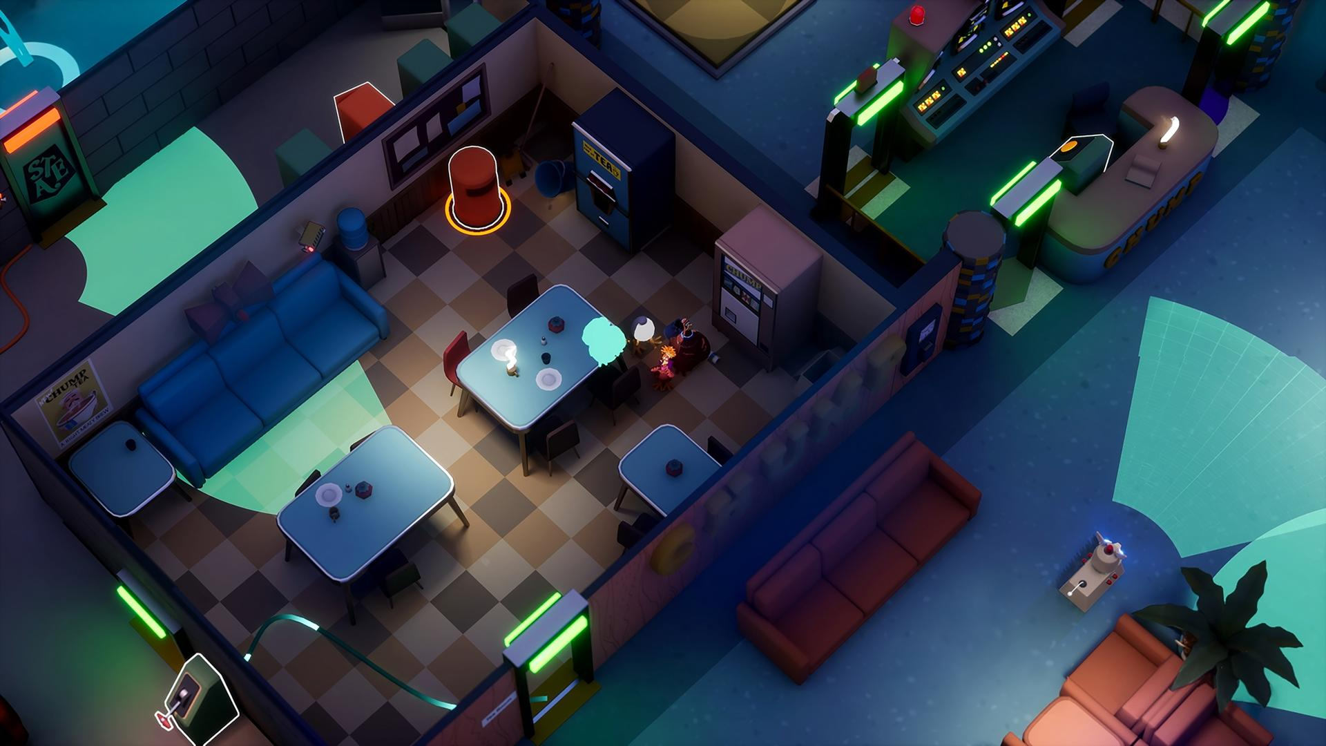 Isometrische Ansicht eines Diners. Tische, Stühle und Verkaufsautomaten sind sichtbar. Figuren versammeln sich um einen Tisch. Beleuchtung erzeugt einen Neon-Effekt.