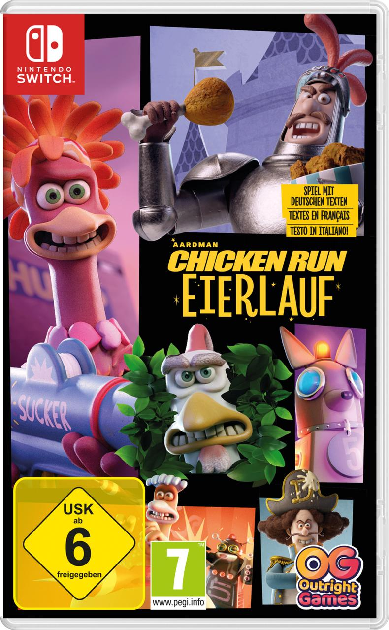 Spielcover von Chicken Run Eierlauf. Charaktere sind Hühner und ein Ritter mit einem Hähnchenschenkel. Nintendo Switch Logo vorhanden.