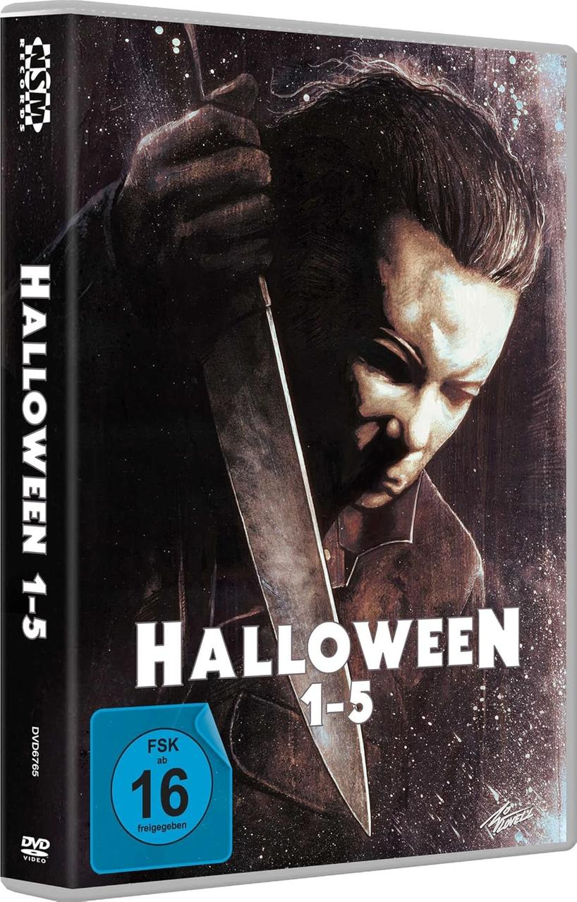 DVD-Cover von Halloween 1-5. Es zeigt Michael Myers mit einem Messer. Der Titel ist weiß. Der FSK 16-Aufkleber ist sichtbar.