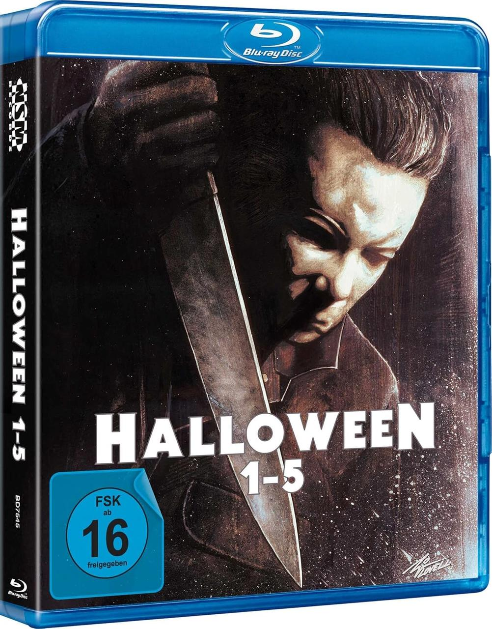 Blu-ray-Box-Set für Halloween 1-5. Ein Mann mit Maske hält ein Messer. Die Box ist blau mit Text und Bewertung.