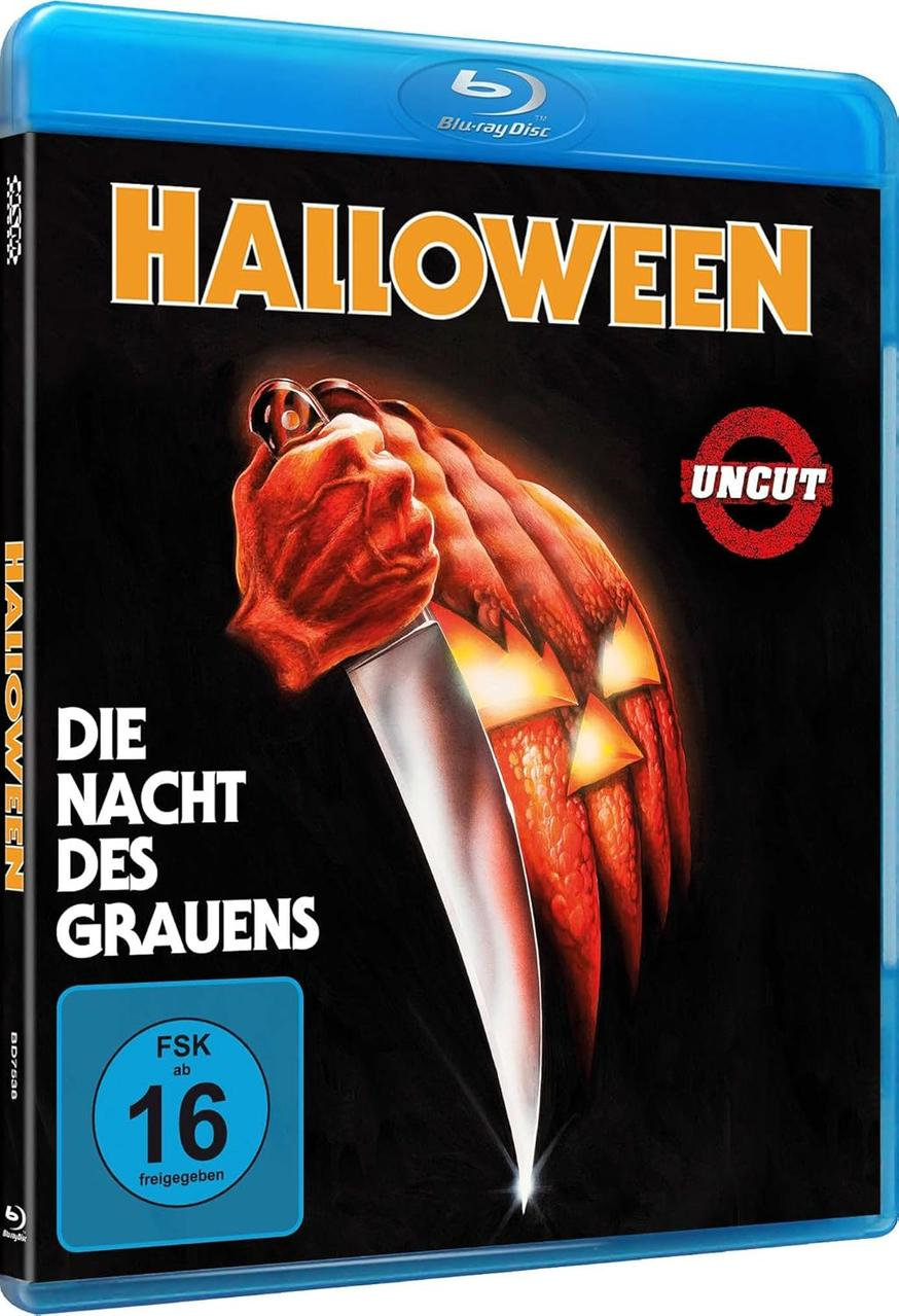 Blu-ray-Disc von Halloween. Ein Messer schneidet durch einen Kürbis. Der Text umfasst 'Halloween', 'Die Nacht des Grauens' und 'FSK 16'.