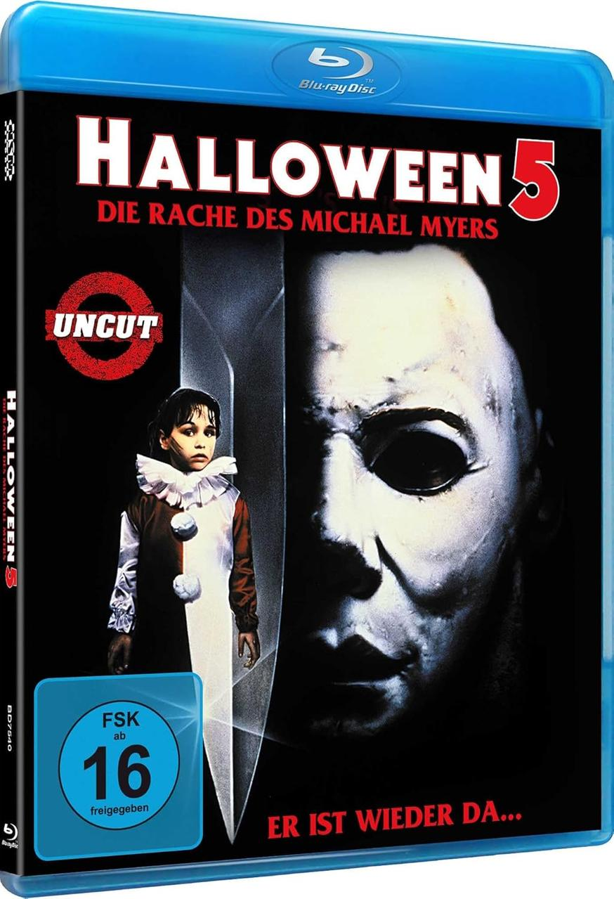 Blu-ray-Cover für Halloween 5. Es zeigt ein Kind im Clownkostüm und die Maske von Michael Myers. Der Titel steht oben.