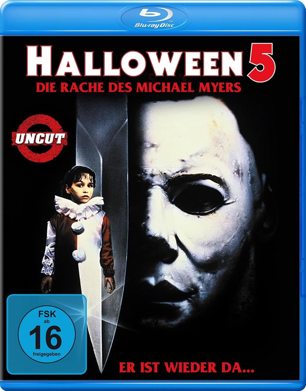 Blu-ray-Cover für Halloween 5. Zeigt Michael Myers' Gesicht, ein Kind in Clownkostüm und den Filmtitel. Enthält deutschen Text.