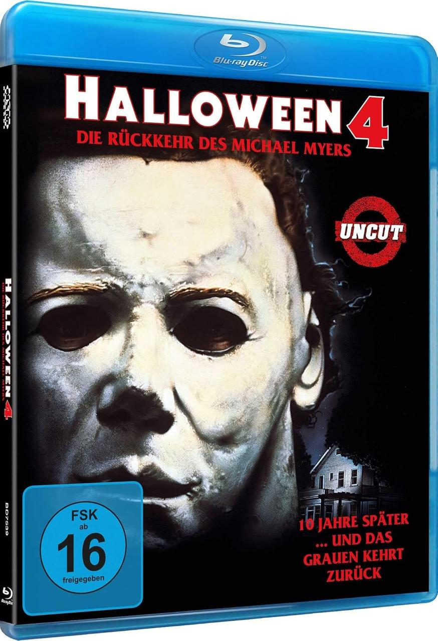 Blu-ray-Disc-Cover für Halloween 4. Zeigt ein maskiertes Gesicht, die Zahl 4 und ein Haus. Der Text enthält den Titel und die Altersfreigabe.