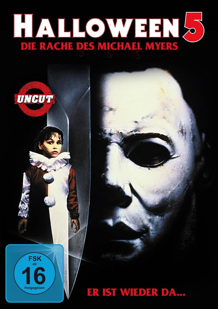 Filmposter für Halloween 5. Zeigt Michael Myers Maske, ein Kind im Clownkostüm und den Filmtitel. Das Poster ist dunkel und unheilvoll.