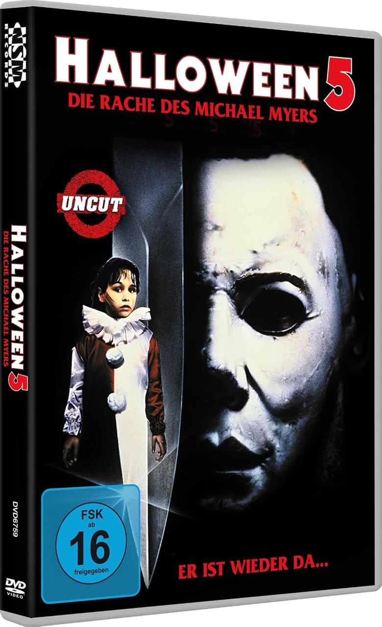 DVD-Cover für Halloween 5. Enthält ein Kind in Clown-Kleidung und eine bedrohliche Michael Myers-Maske. Text enthält Titel und Altersfreigabe.