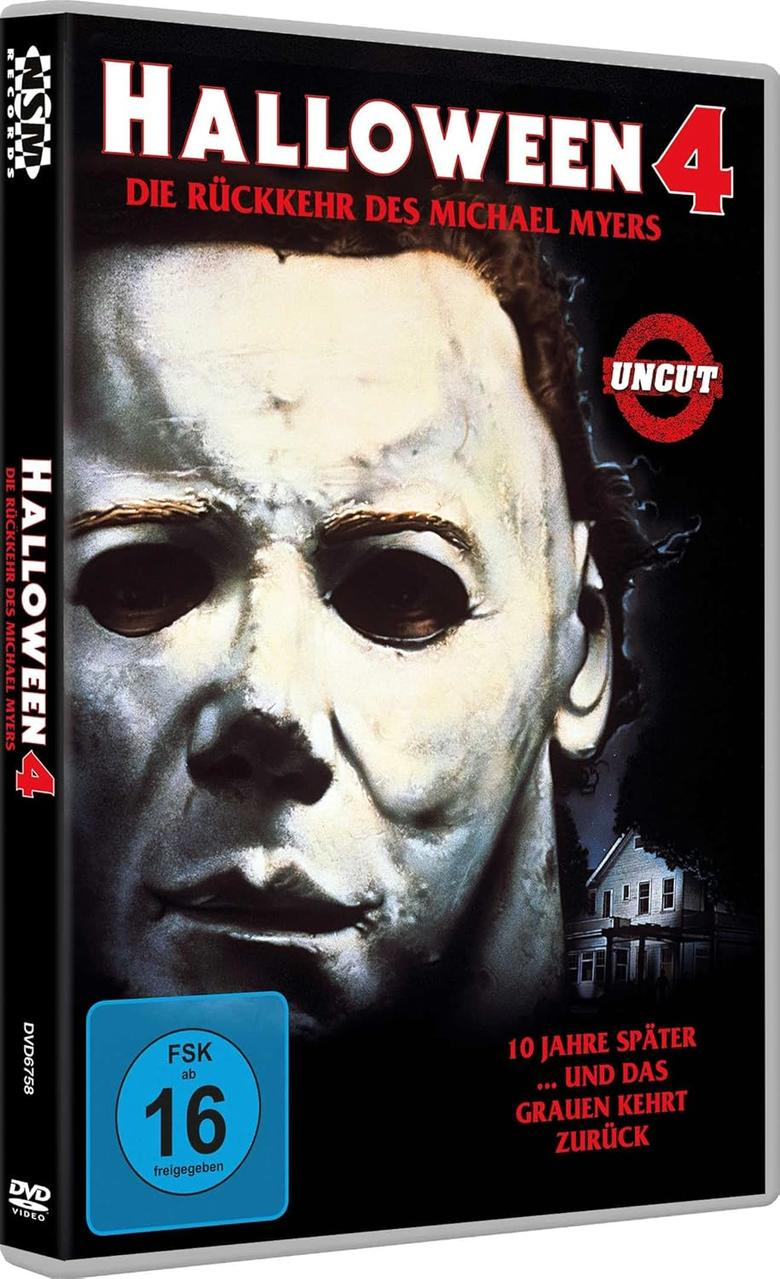 Filmcover für Halloween 4. Es zeigt Michael Myers' Maske, den Titel und ein Haus im Hintergrund. Auch eine FSK 16 Bewertung ist vorhanden.
