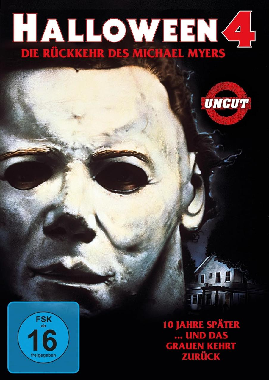 Filmplakat für Halloween 4. Ein maskiertes Gesicht dominiert, Text auf Deutsch und Englisch. Ein Haus ist im Hintergrund.