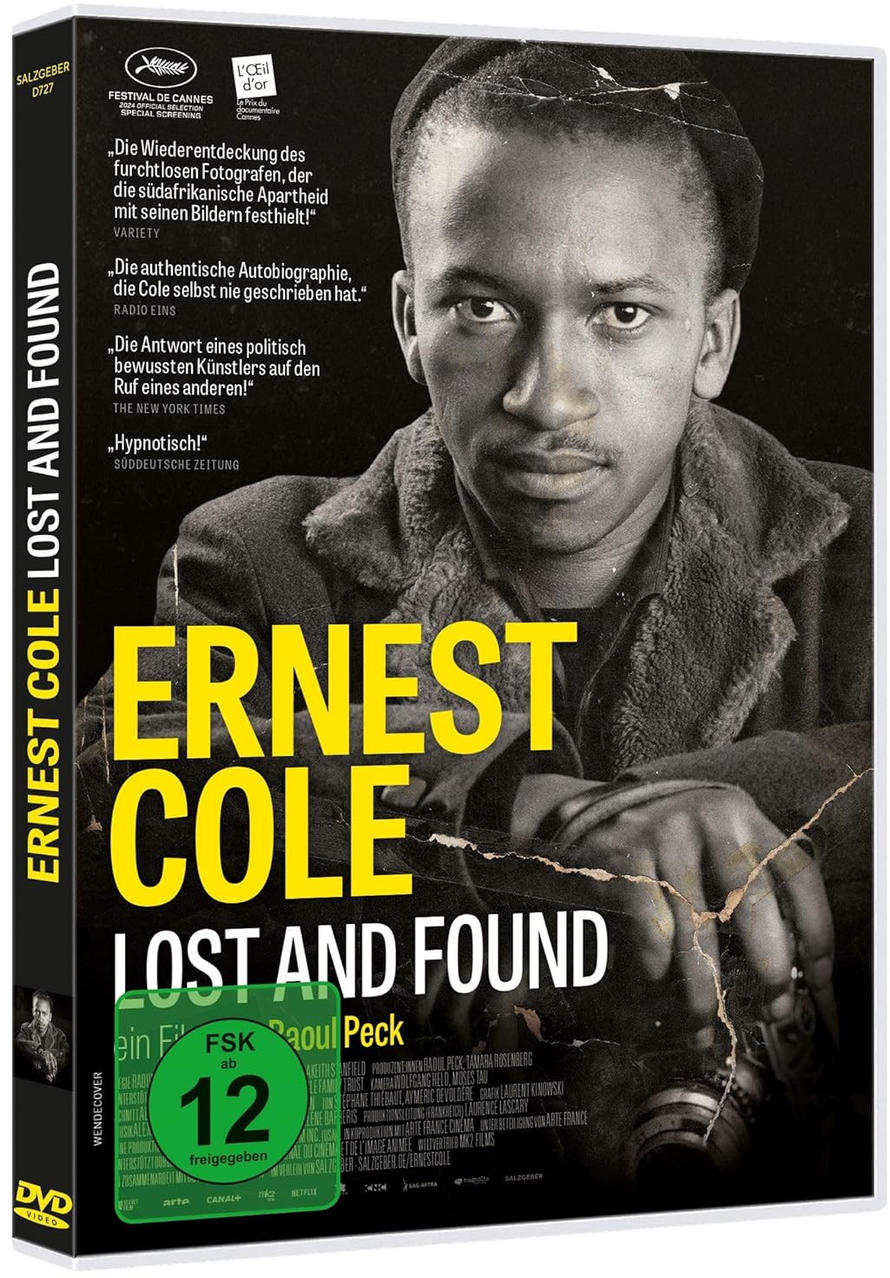 DVD-Cover: Ernest Cole Lost and Found. Porträt eines Mannes. Der Titel ist in großer gelber Schrift. Rezensionen und Logos sind vorhanden.