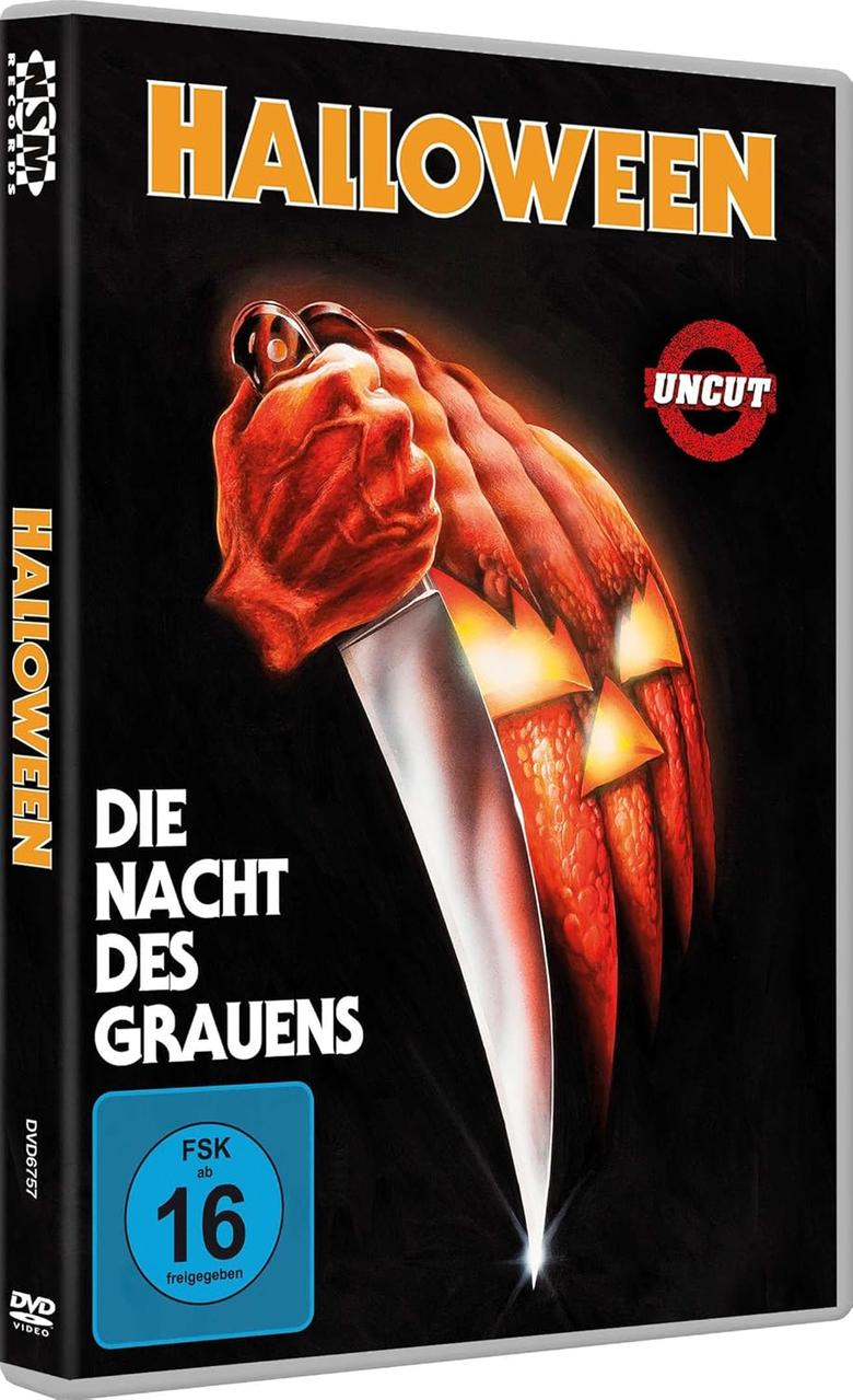 DVD-Cover für Halloween. Ein Messer durchbohrt einen Kürbis. Der Titel 'Halloween' ist zu sehen. Das Uncut-Logo und FSK 16 sind sichtbar.