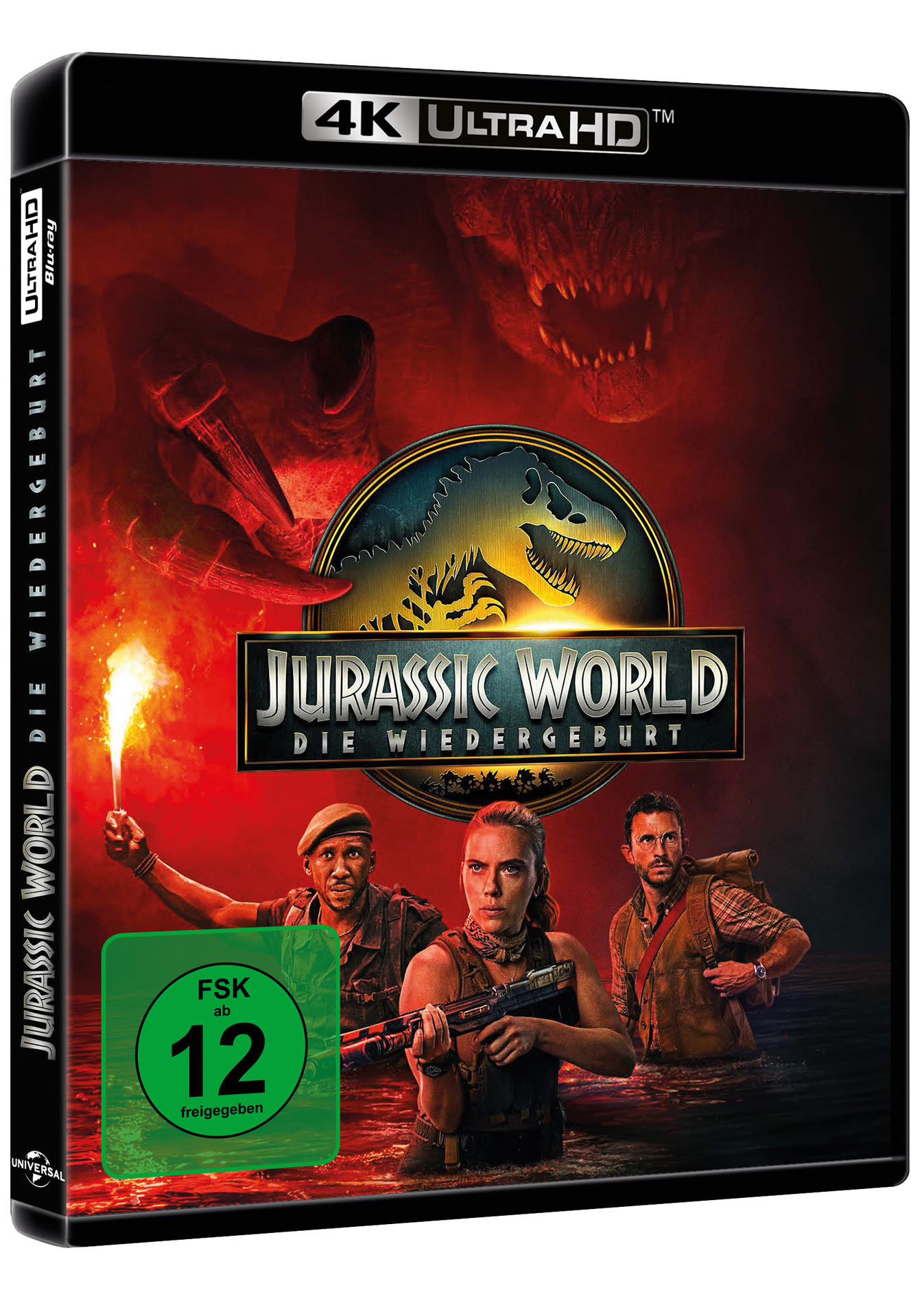 Jurassic World Blu-ray-Cover. Enthält Schauspieler, Dinosaurierbilder und ein grünes Bewertungsschild. Rotes und schwarzes Farbschema.