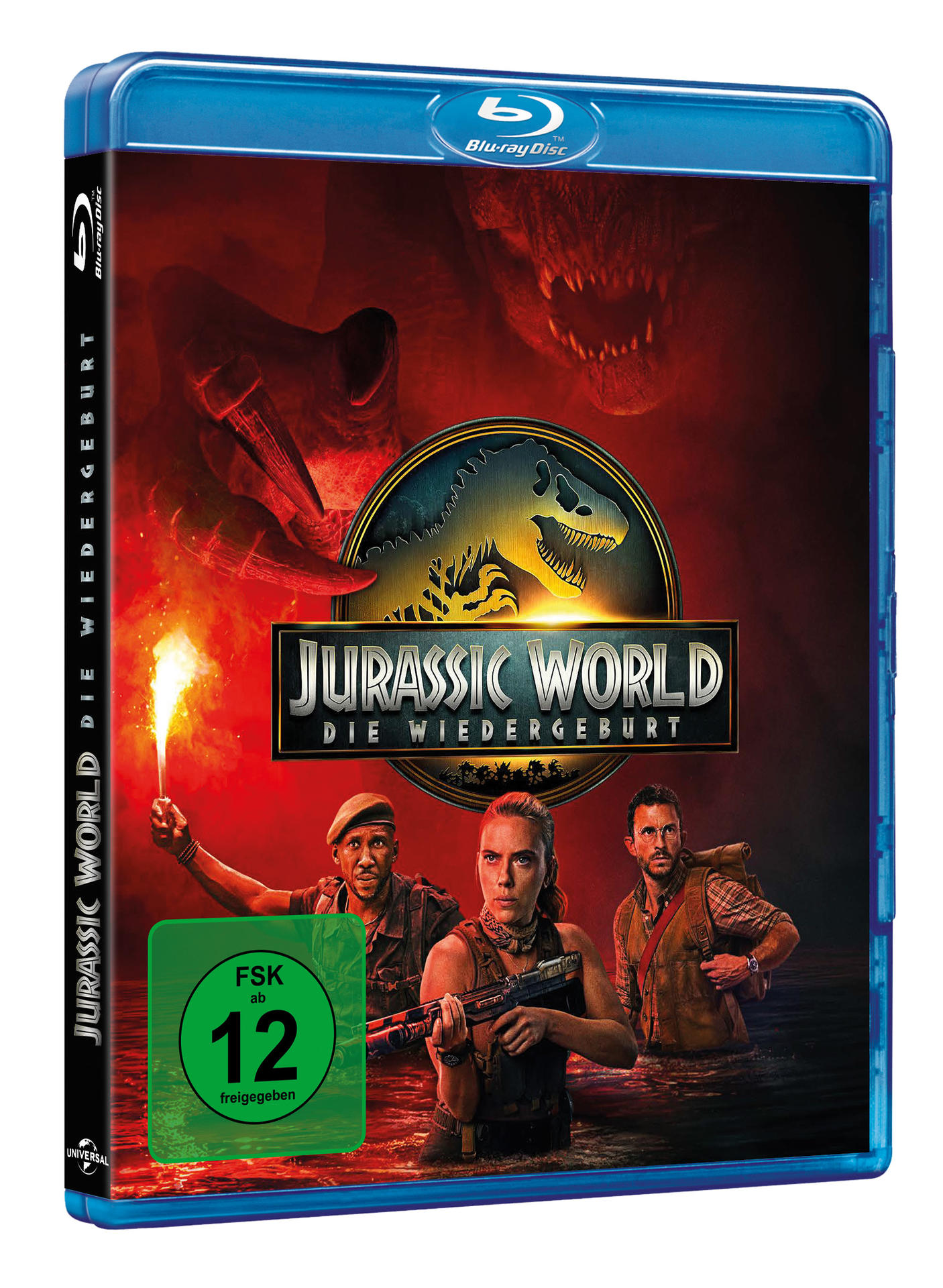 Blu-ray-Cover von Jurassic World: Die Wiedergeburt. Zeigt Charaktere im Wasser, einen Dinosaurier und den Filmtitel.