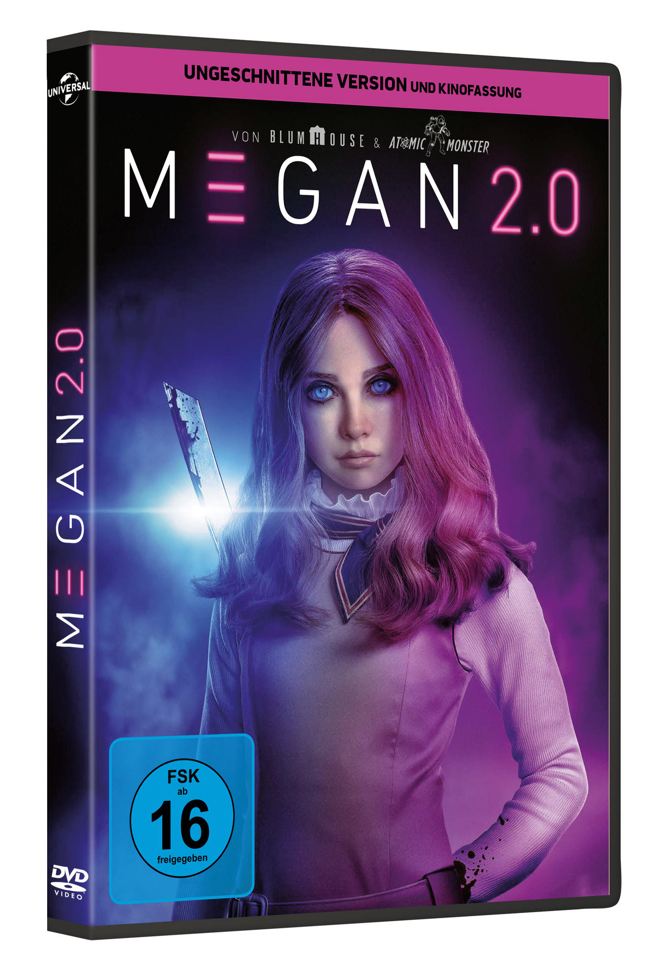 DVD-Cover von Megan 2.0. Ein Mädchen mit blauen Augen und einem Messer steht vor einem dunklen Hintergrund.