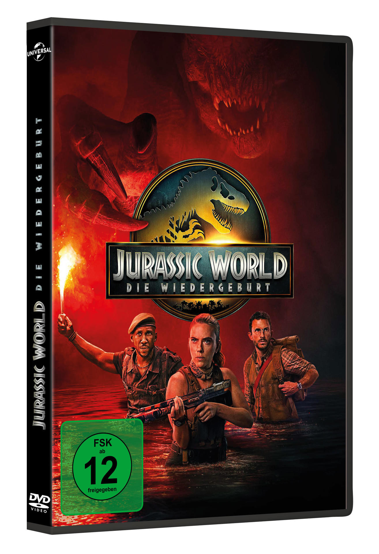 Jurassic World DVD-Cover. Drei Personen im Wasser, Dinosaurier im Hintergrund. Grüner Kreis mit 'FSK ab 12'. Universal-Logo.