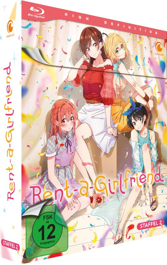 Blu-ray-Cover für 'Rent-a-Girlfriend' mit Anime-Mädchen. Die Box trägt die Aufschrift 'Staffel 2'. Konfetti und eine grüne '12'-Bewertung.