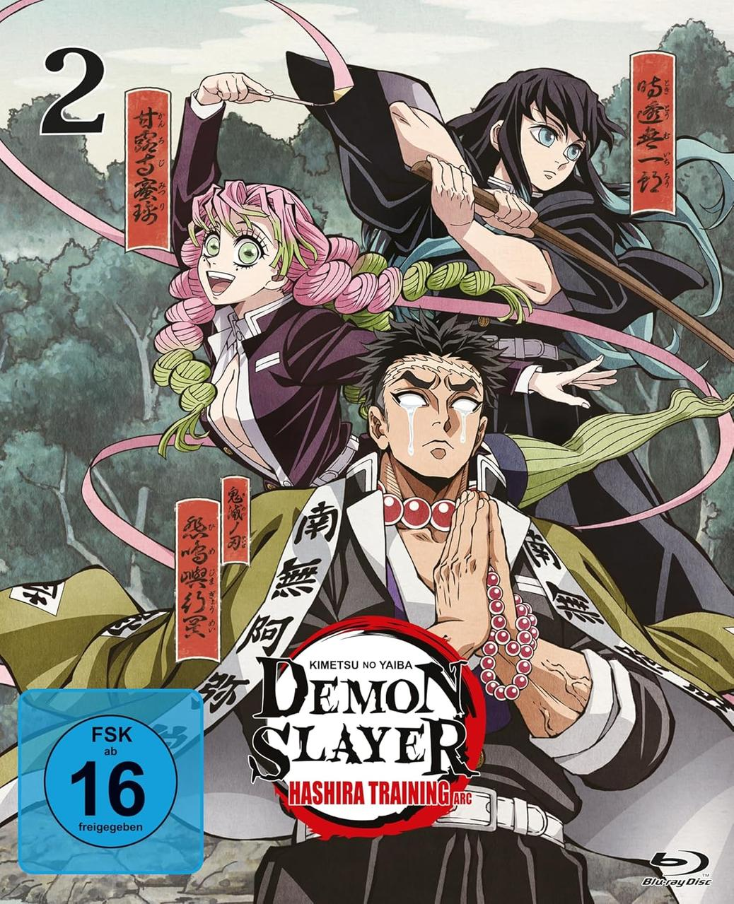 Anime-Cover: Charaktere aus Demon Slayer. Eine Frau mit pinken Haaren, ein Mann mit Narben und eine weitere mit schwarzen Haaren. Das Logo ist in der Mitte.