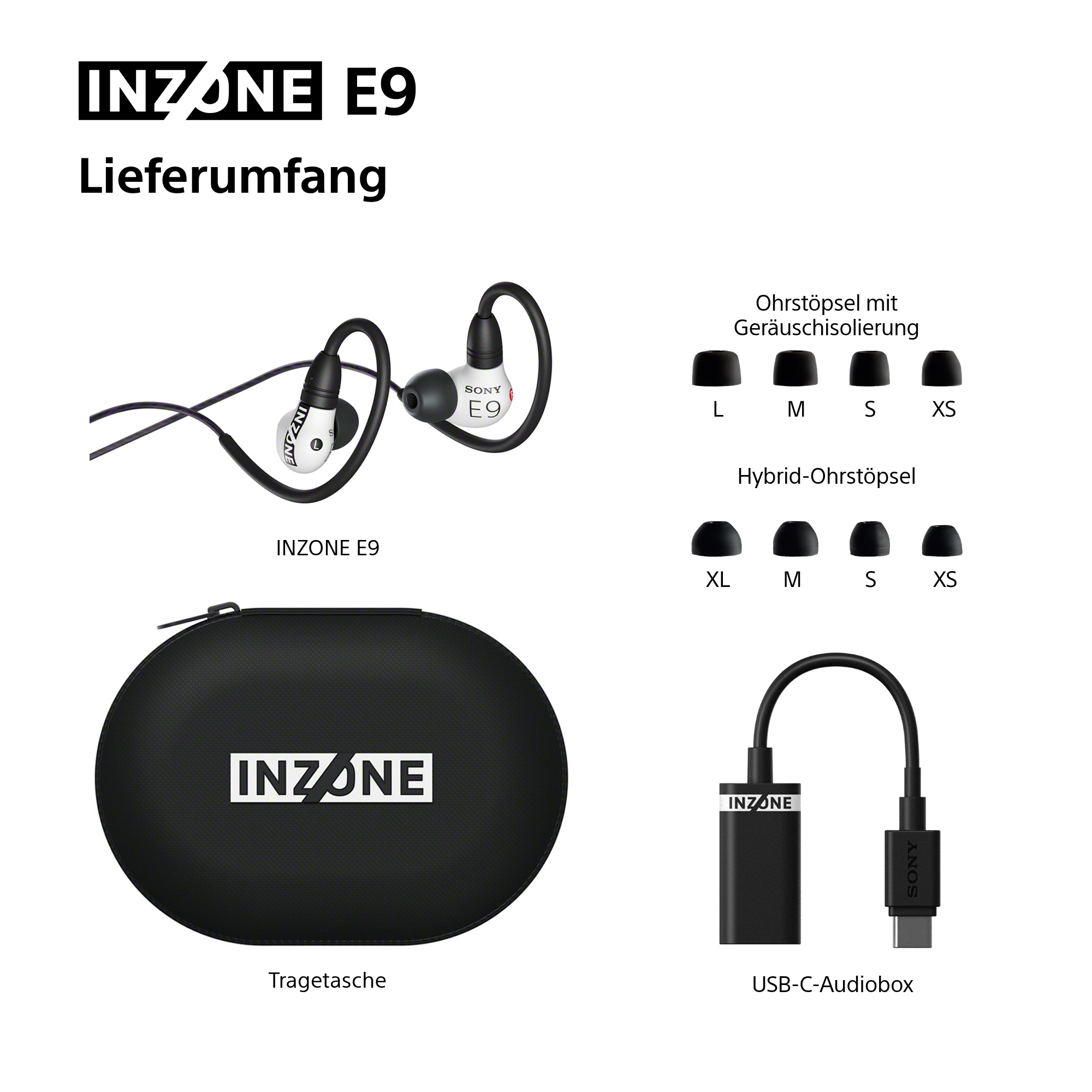 Das Bild zeigt INZONE E9-Ohrhörer, eine Tragetasche, verschiedene Ohrstöpsel und eine USB-C-Audiobox vor weißem Hintergrund.