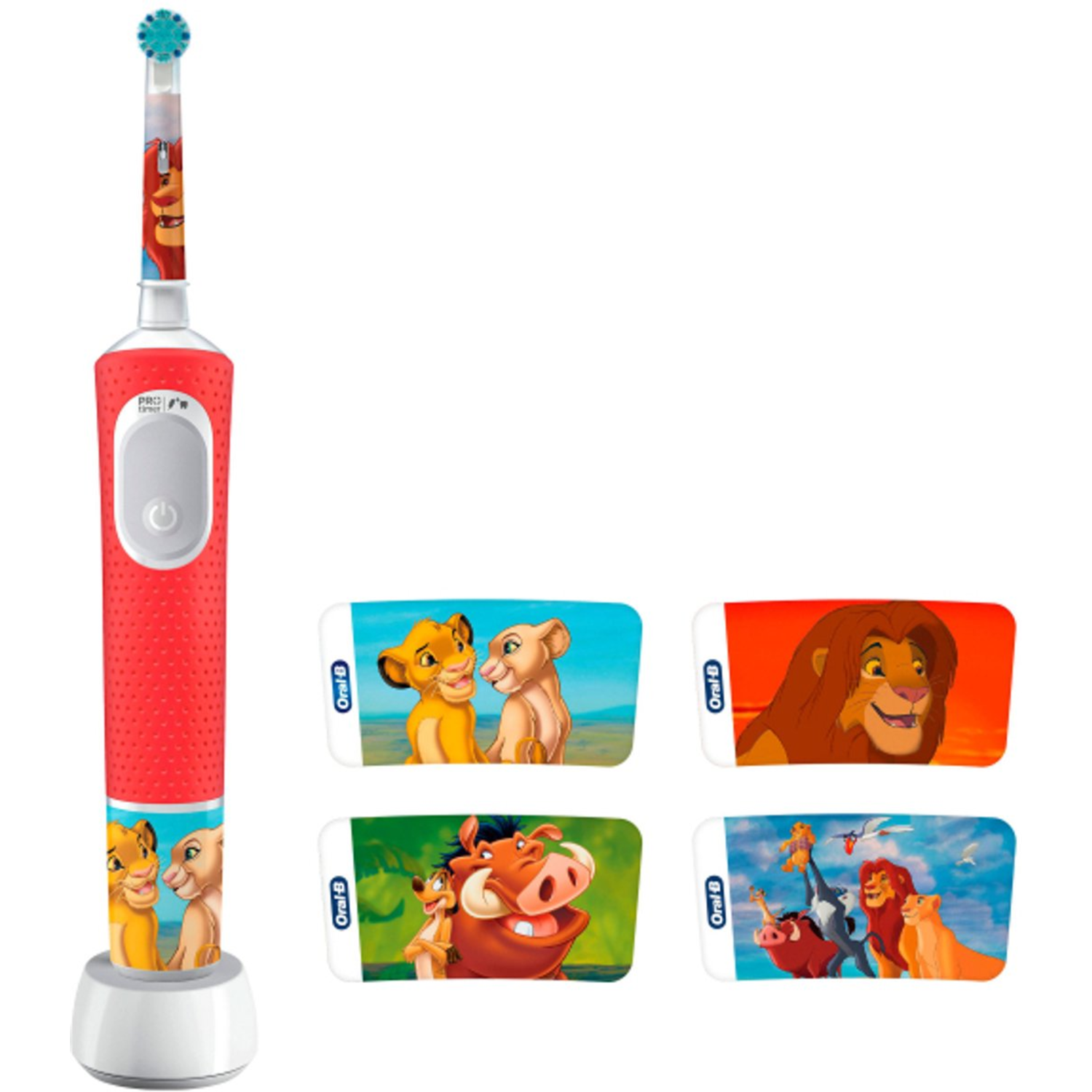 Brosse à dents rouge Oral-B Roi Lion avec images de dessins animés. Comprend un chargeur et des autocollants avec Simba, Nala, Timon et Pumbaa.