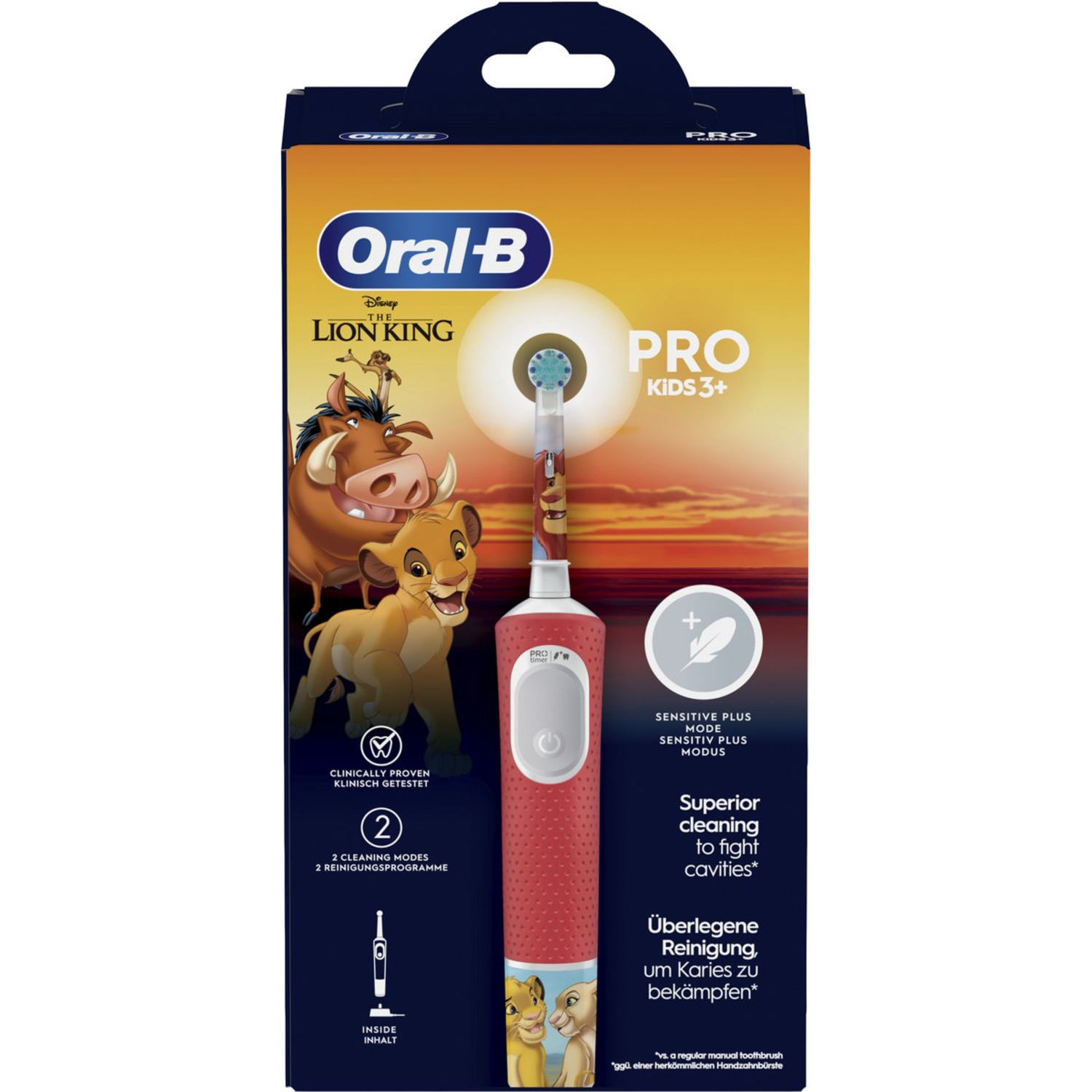 Une boîte de brosse à dents sur le thème du 'Roi Lion'. Elle présente une brosse à dents électrique avec les personnages et informations produit.