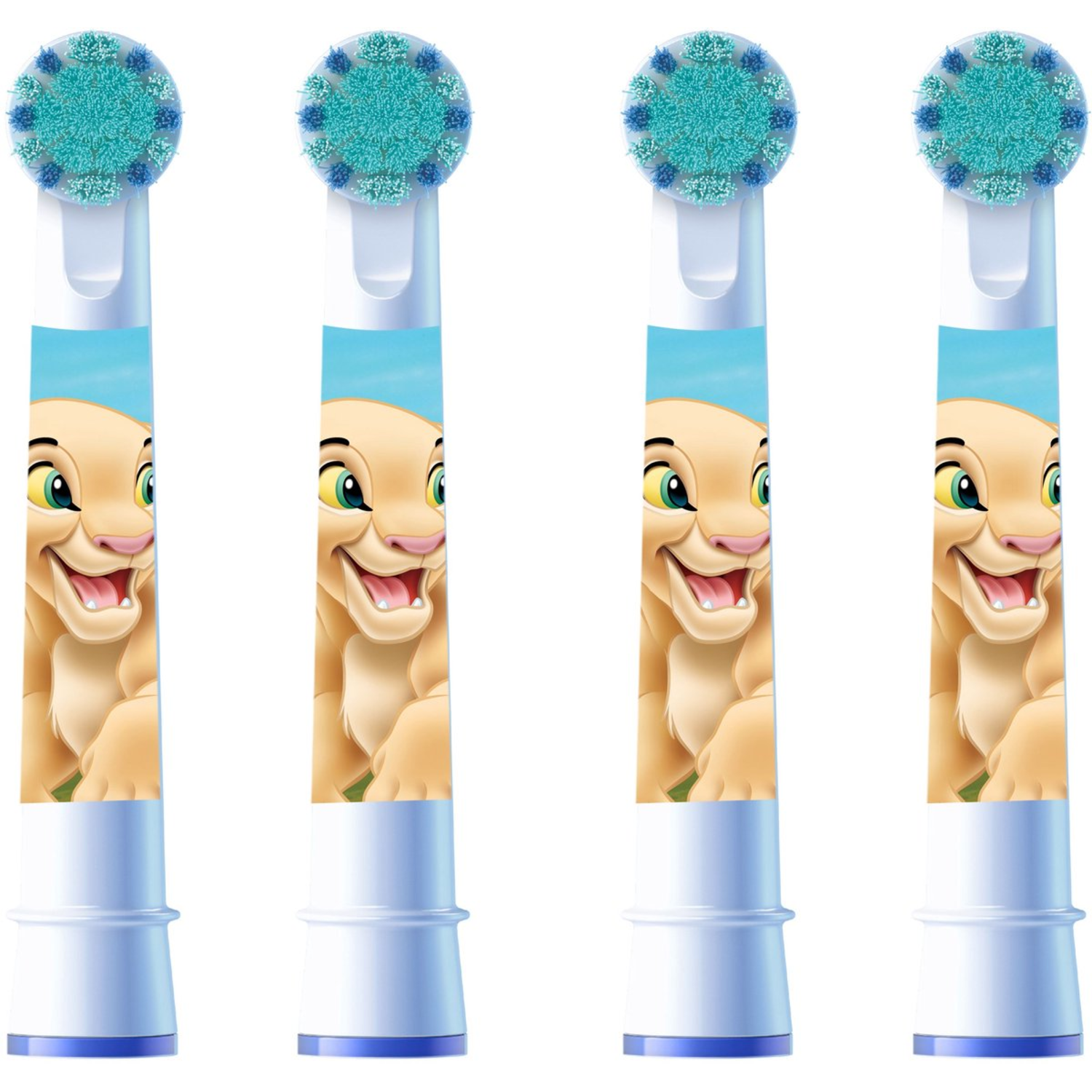 Vier opzetborstels met Simba van The Lion King. Elk heeft een blauwe basis, witte steel en een blauwgroene borstelkop.