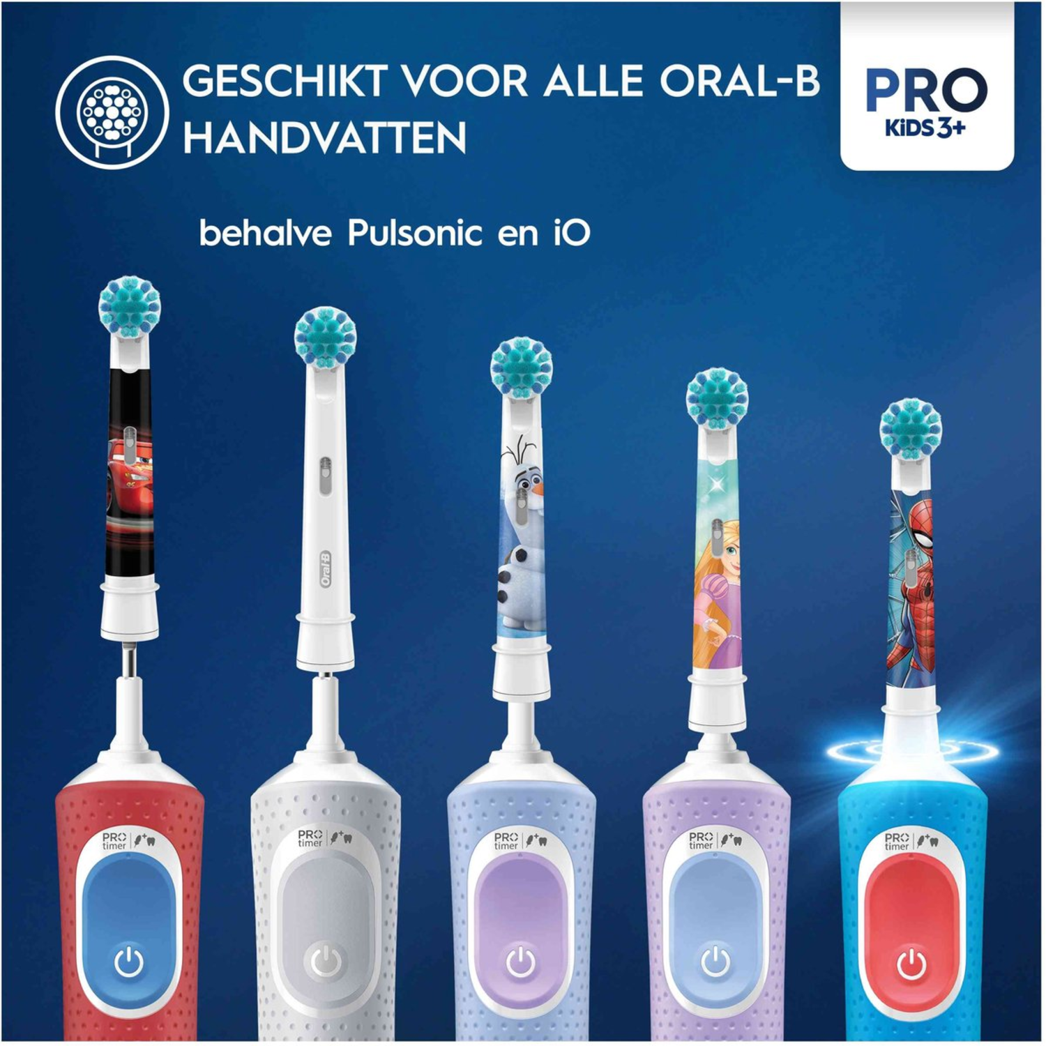 Een advertentie toont vijf Oral-B Pro Kids 3+ elektrische tandenborstels. Elk heeft een ander ontwerp en kleur, met karakterthema's.