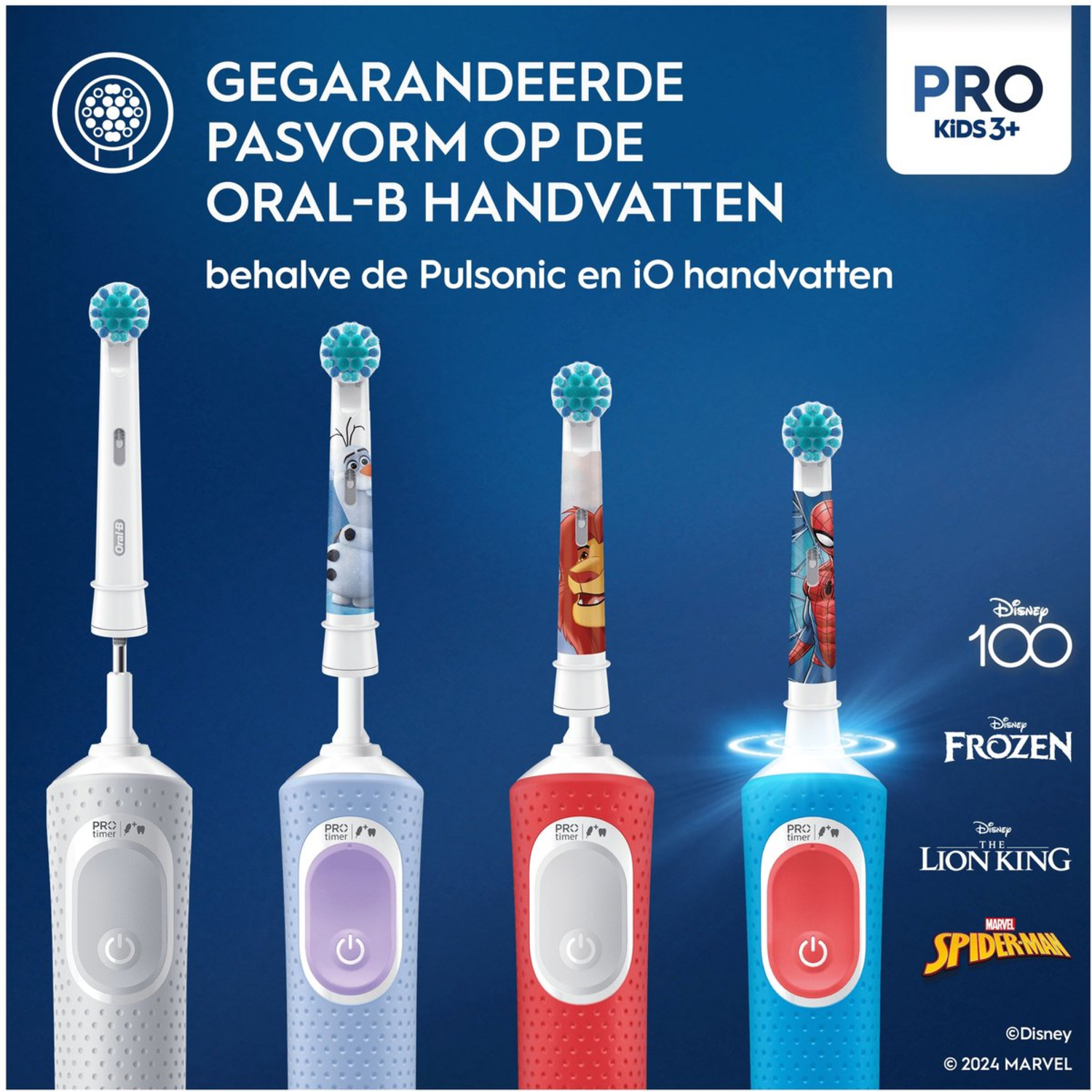 De afbeelding toont vier Oral-B elektrische tandenborstels met Disney-personages. Elke borstel heeft een andere kleur en thema.