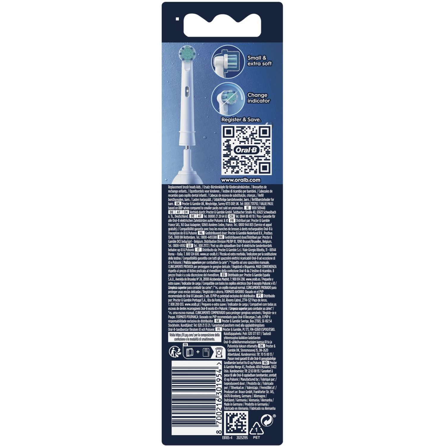 Oral-B opzetborstels verpakking. Witblauwe verpakking met afbeeldingen en tekst.