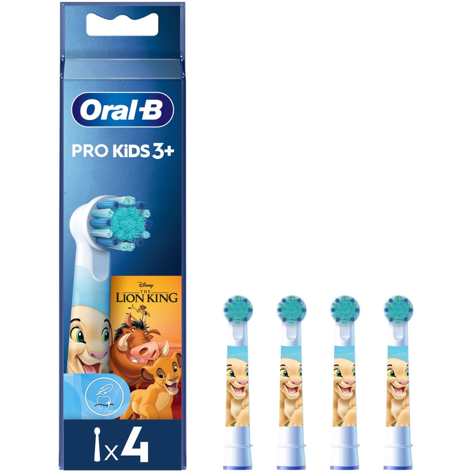 Oral-B Pro Kids 3+ tandenborstelkoppen, thema Lion King. Verpakking toont Simba, Timon, Pumbaa. Vier vervangende koppen zichtbaar.