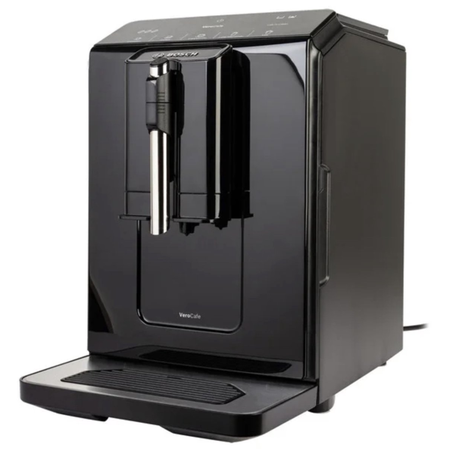 A black Bosch VeroCafe coffee machine. It has a water tray, a spout, and a control panel on top. The brand name is visible.