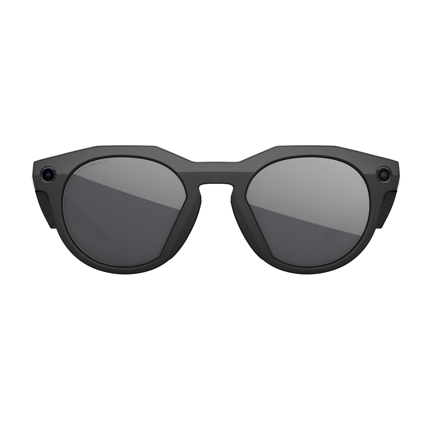 Gafas de sol inteligentes negras con lentes redondas y montura gruesa, con una cámara a cada lado. El fondo es gris sólido.