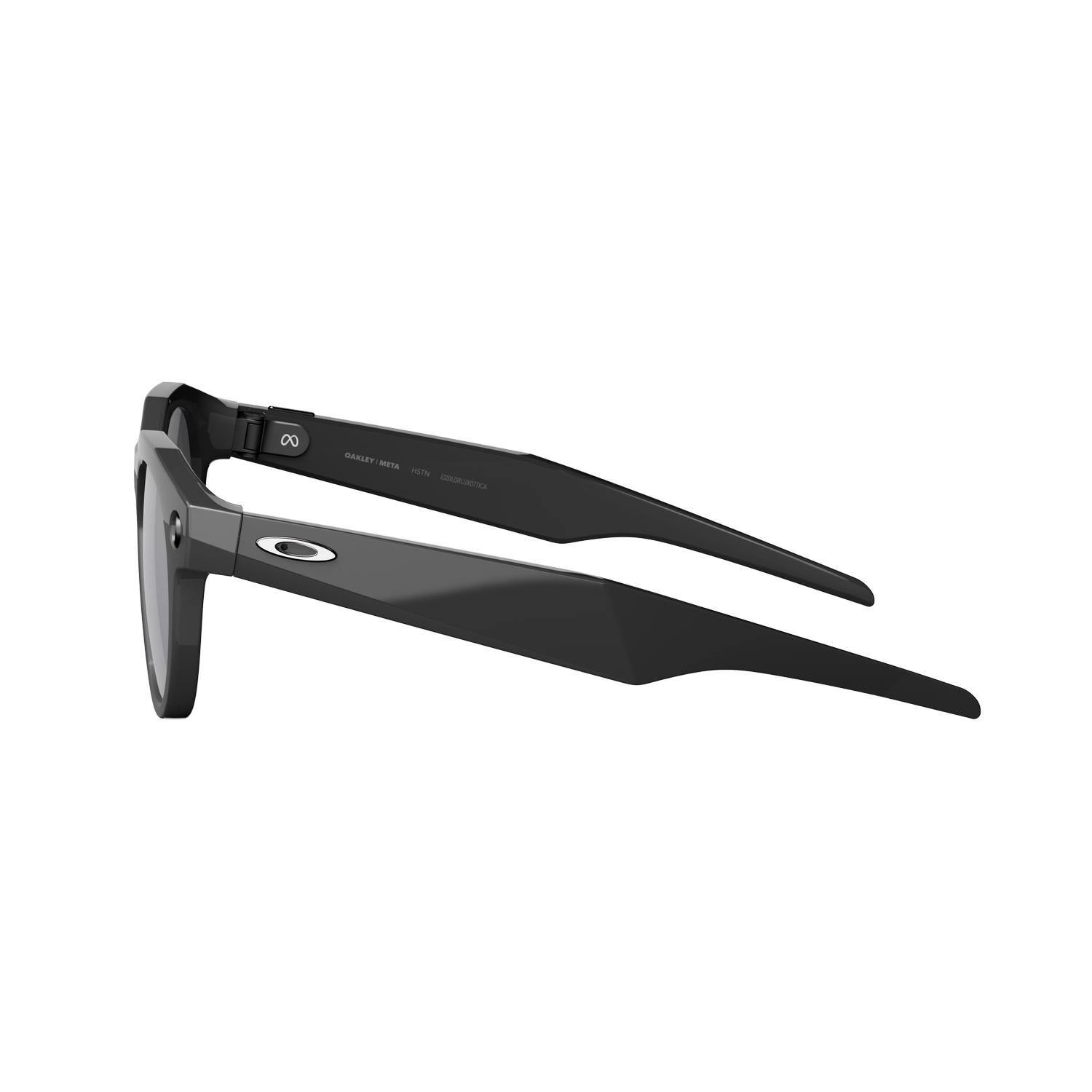 Gafas de sol Oakley negras, vista lateral sobre fondo gris. Las gafas tienen montura rectangular y patillas elegantes. Logotipo de Oakley visible.