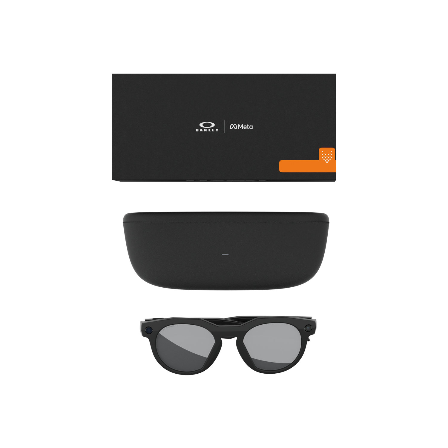 Gafas inteligentes Oakley Meta negras, estuche y caja sobre fondo gris. Caja con logotipos de Oakley y Meta.