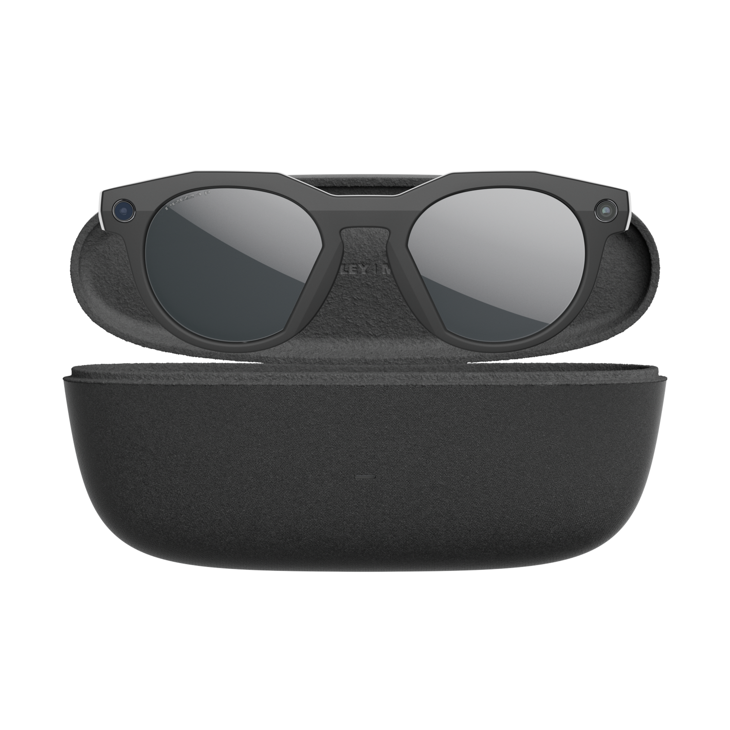 Gafas inteligentes negras en un estuche abierto. Las gafas tienen lentes oscuras y pequeñas cámaras. La funda también es negra.