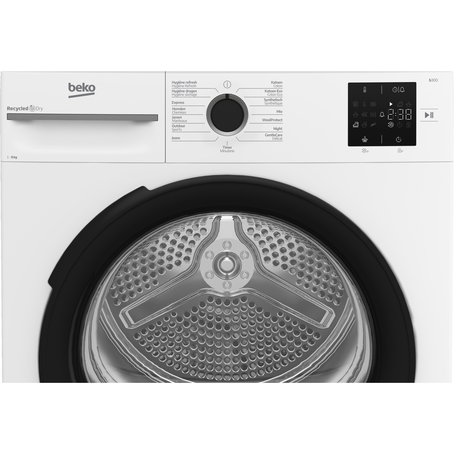 A white Beko dryer with a black door and control panel. It has a digital display showing time and settings.