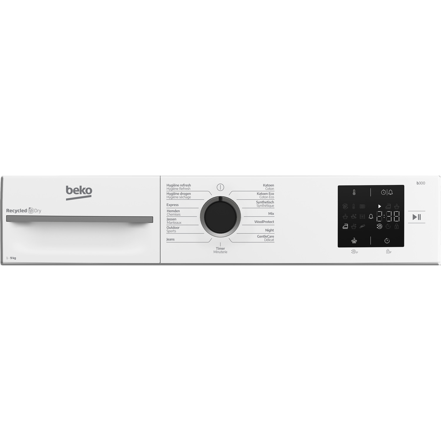 White Beko dryer control panel. Features include a dial for wash programs, a digital display showing time, and various function buttons.
