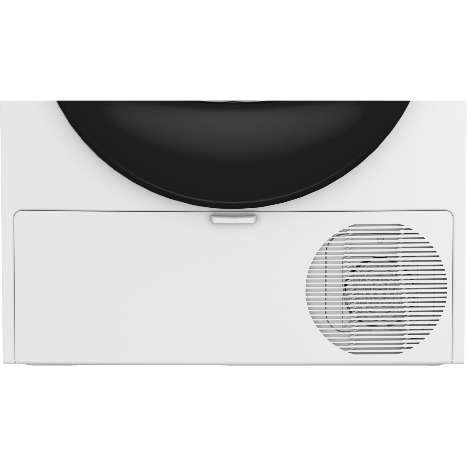 Top view of a white dryer with a black top. It has a white drawer and a vent with horizontal lines.