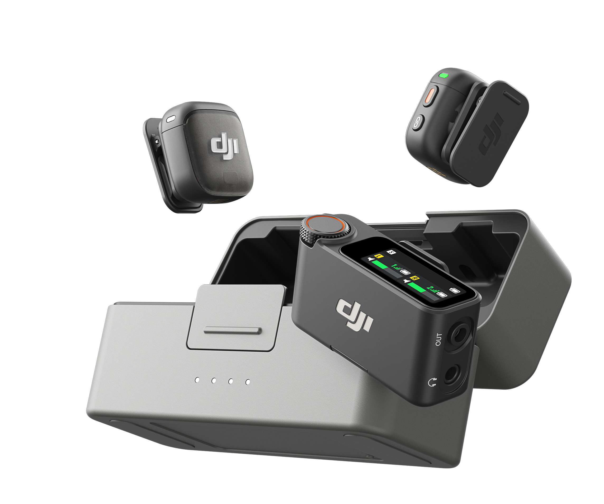 Czarno-szary zestaw mikrofonów DJI. Zawiera etui ładujące, dwa mikrofony i odbiornik. Wyizolowany na białym tle.