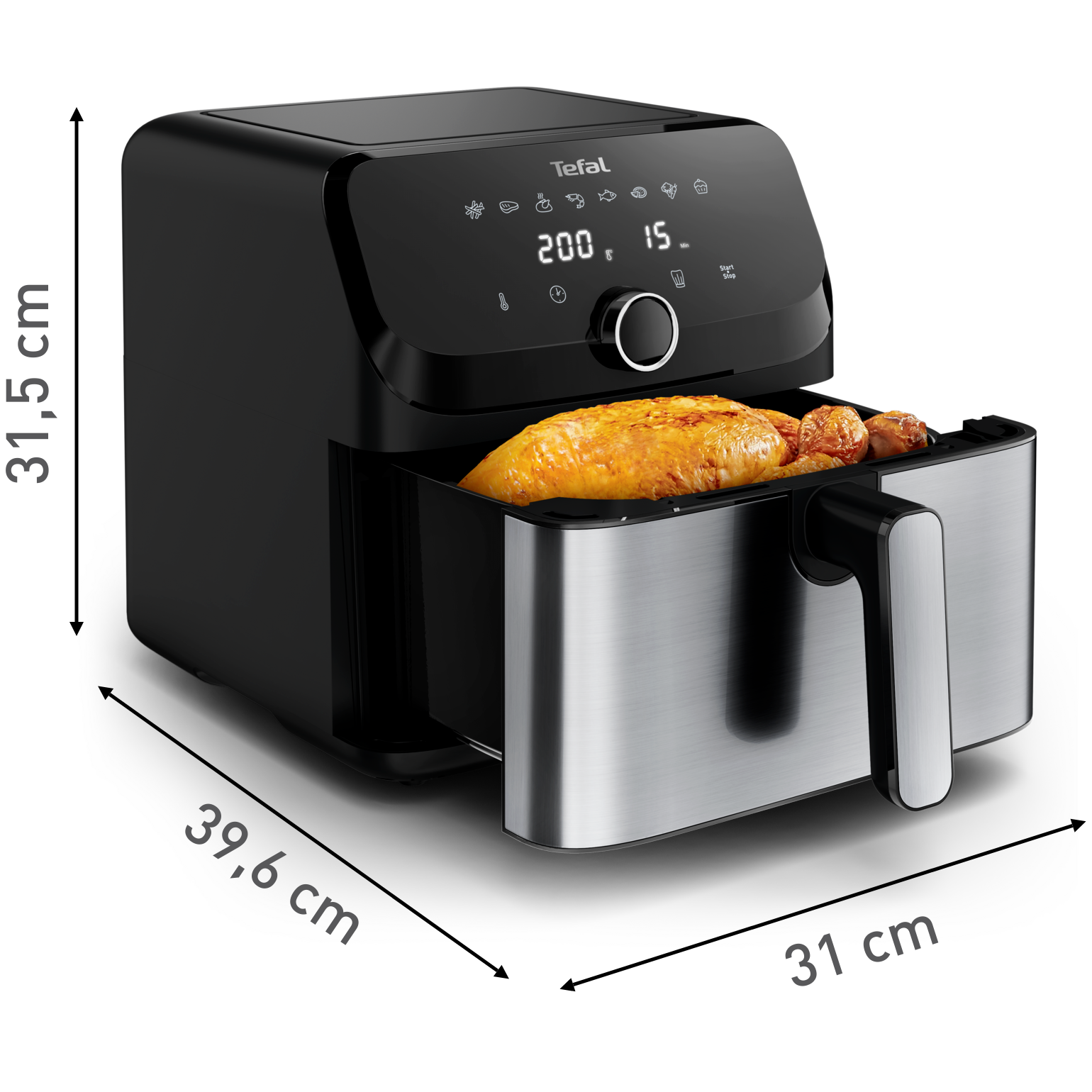 Schwarze und silberne Tefal-Heißluftfritteuse mit gekochtem Hähnchen. Abmessungen sind dargestellt. Das Display zeigt 200 Grad und 15 Minuten.