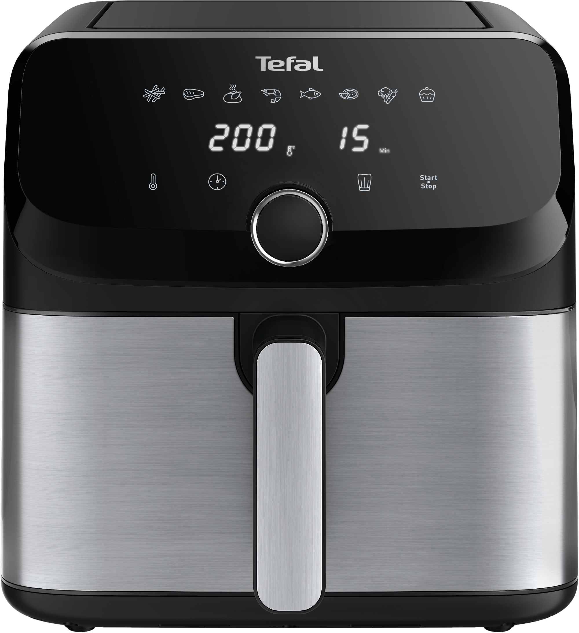 Ein Tefal-Heißluftfritteuse. Schwarzer Deckel mit Digitalanzeige für Temperatur und Zeit. Silbernes, gebürstetes Metallgehäuse.