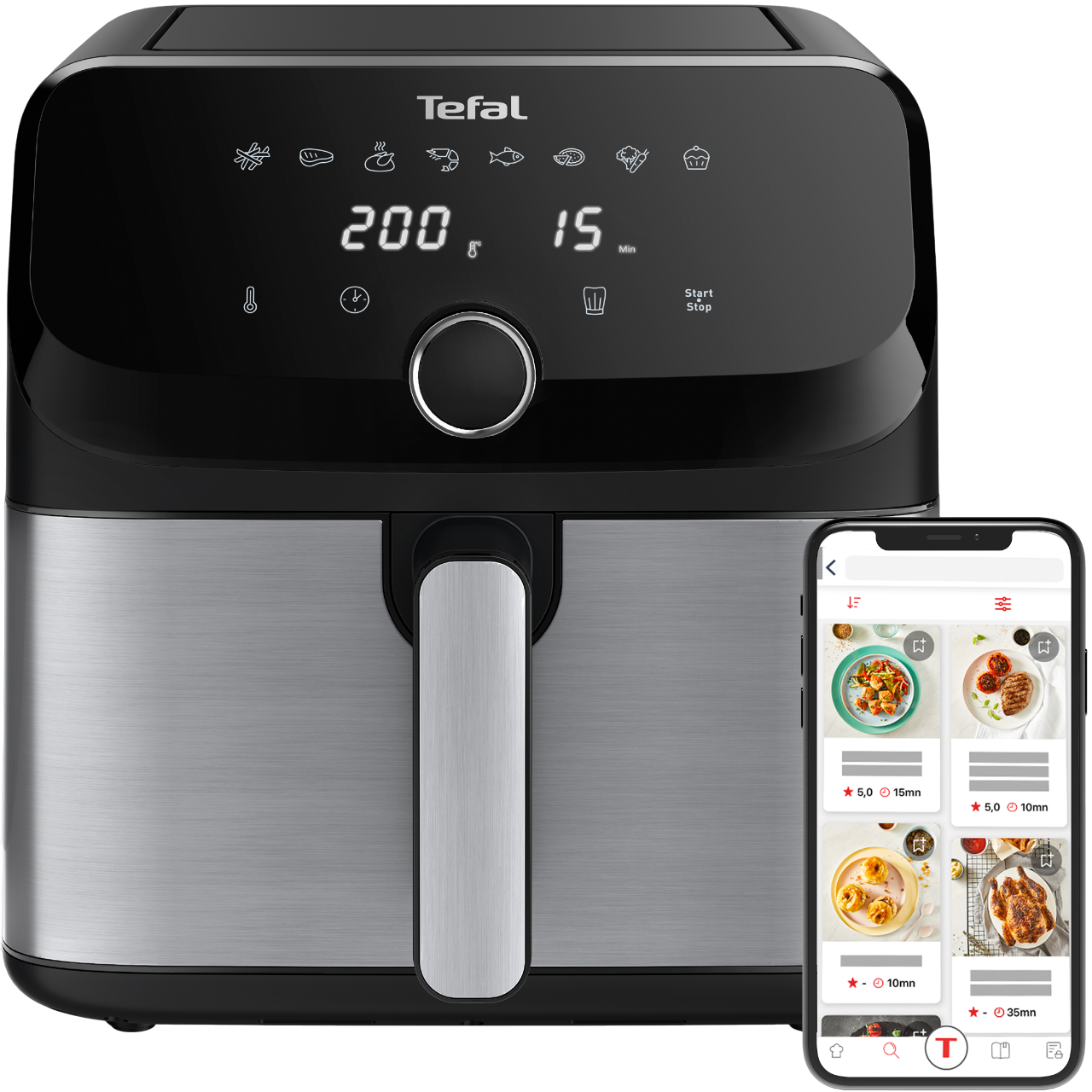 Eine Heißluftfritteuse mit digitaler Anzeige von 200 Grad und 15 Minuten, neben einem Telefon mit Rezepten.