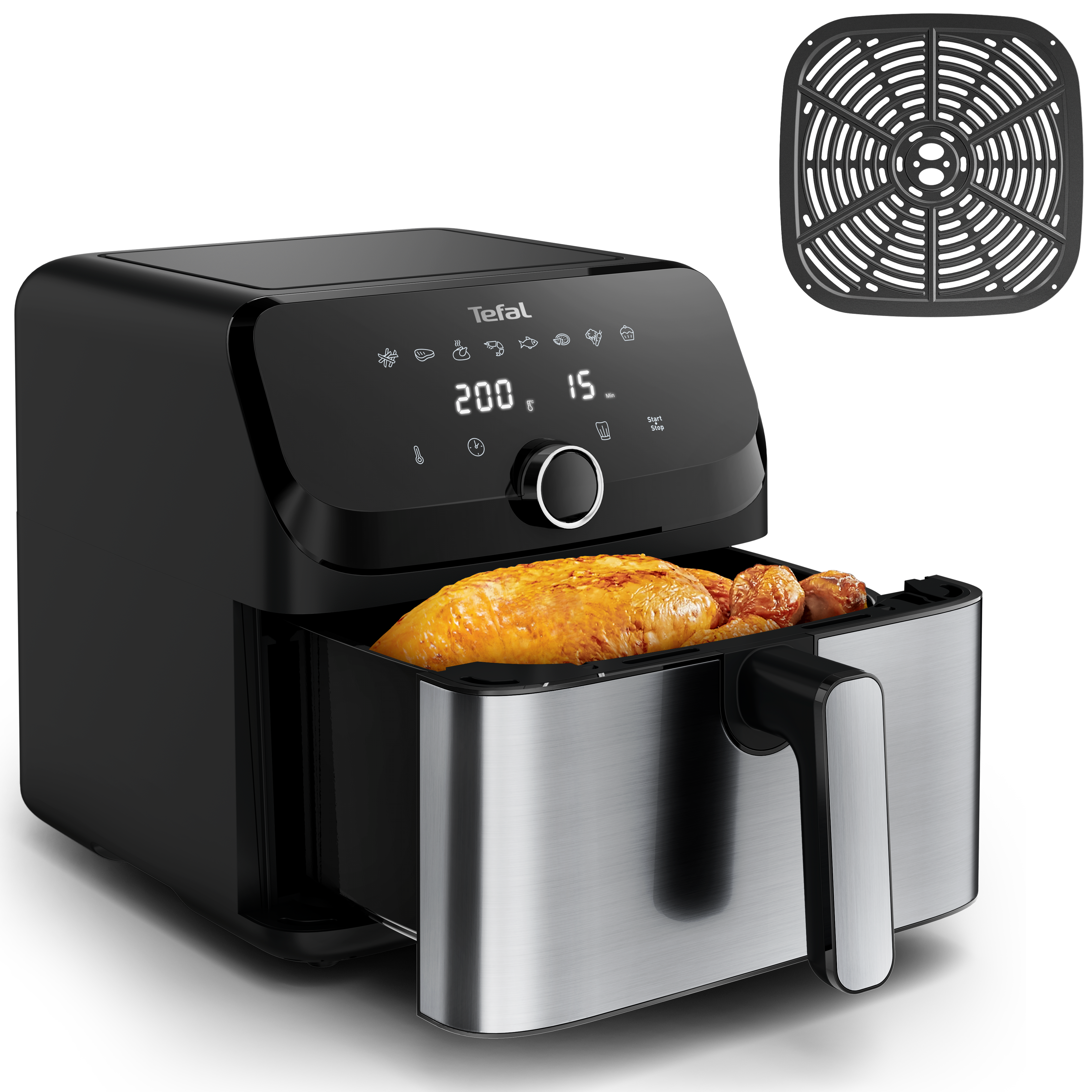 Schwarze Tefal-Heißluftfritteuse mit Display. Ein gebratenes Huhn und andere Lebensmittel sind innen.