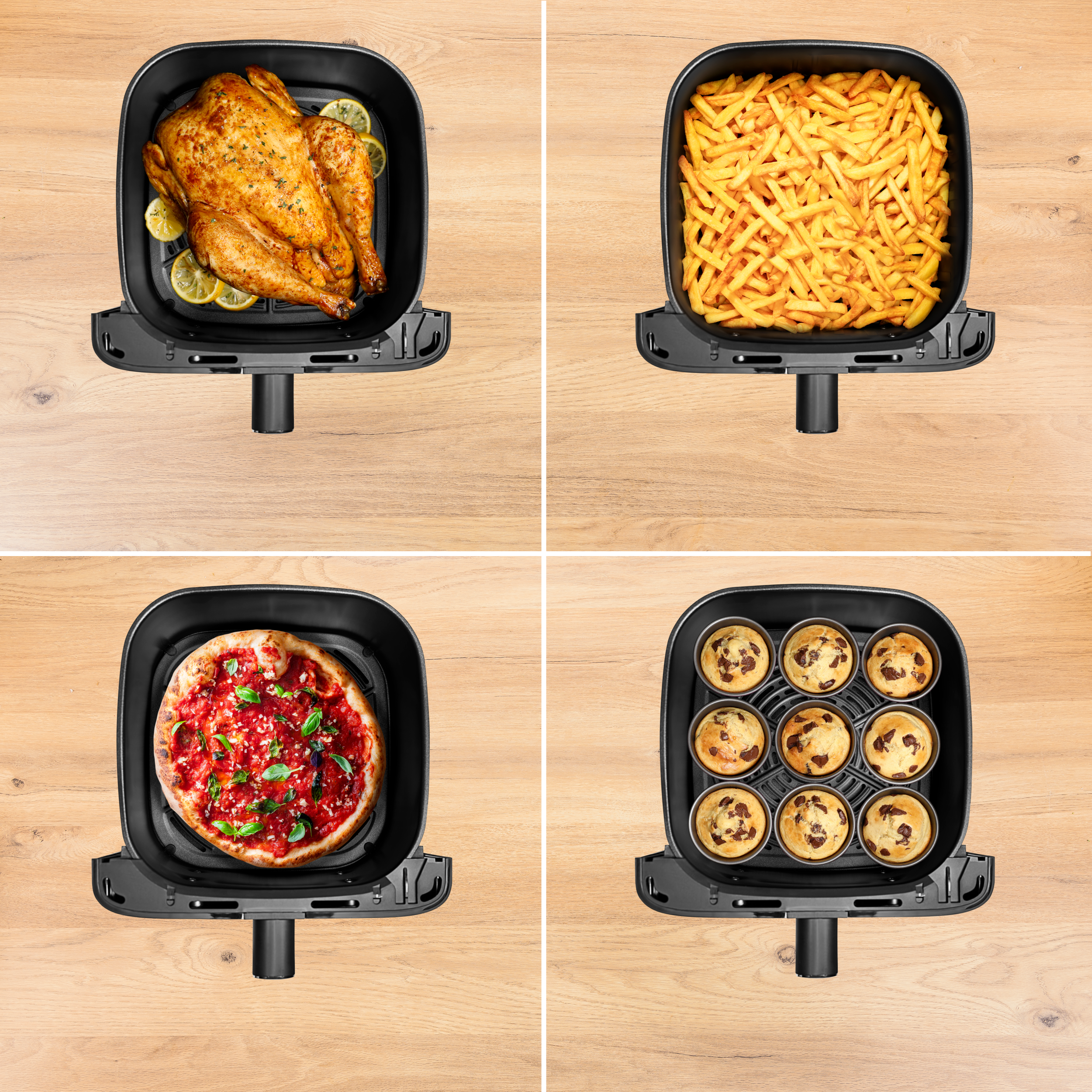 Vier Luftfritteusen-Körbe mit verschiedenen Lebensmitteln: Brathähnchen, Pommes Frites, Pizza und Muffins auf Holzoberfläche.