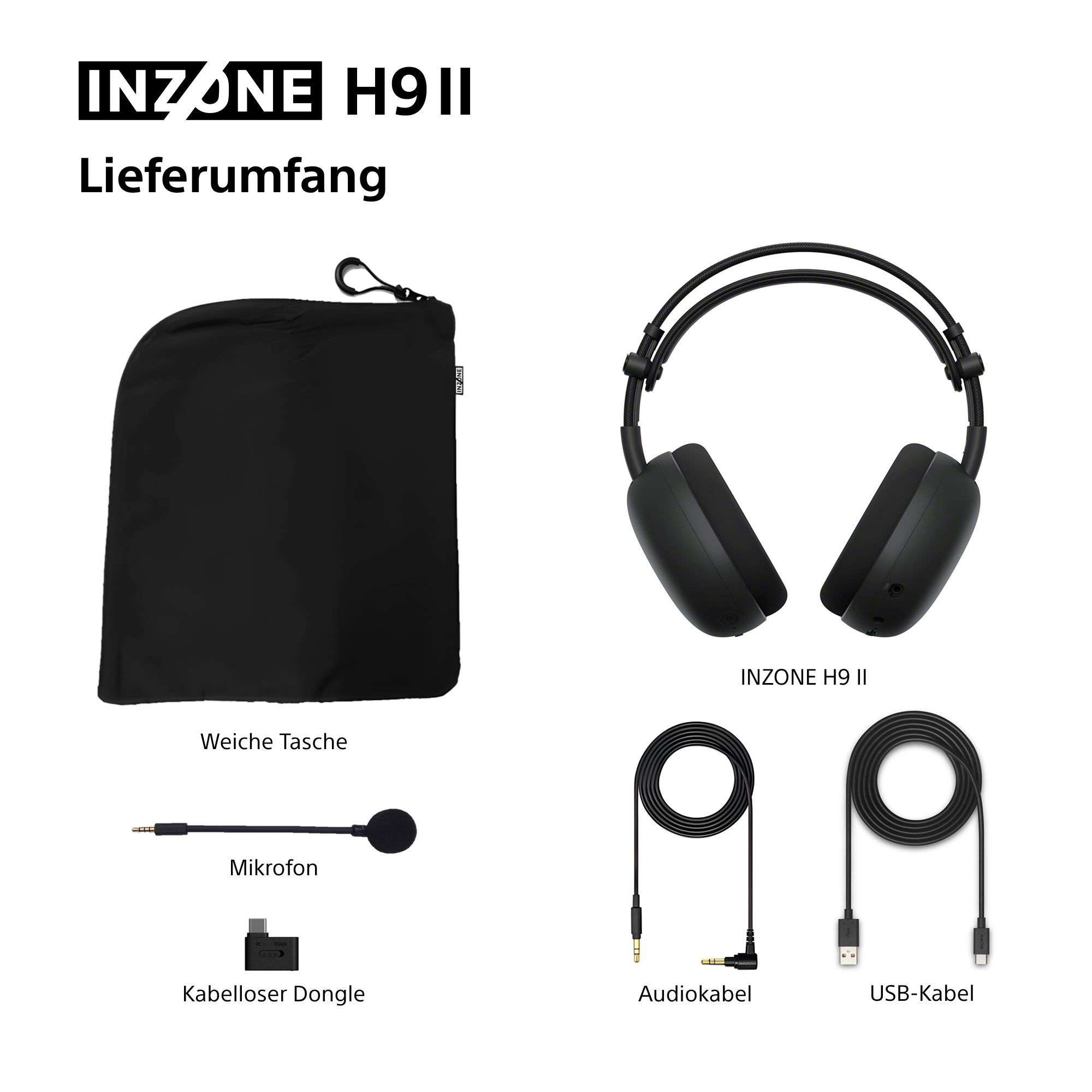 Das Bild zeigt die INZONE H9 II Kopfhörer und Zubehör, darunter eine weiche Tasche, ein Mikrofon, ein Dongle, ein Audiokabel und ein USB-Kabel.
