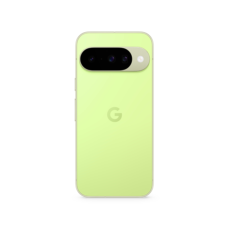 Ein hellgrünes Google Pixel-Telefon. Es hat eine Kameraleiste oben mit drei Linsen und ein G-Logo in der Mitte.