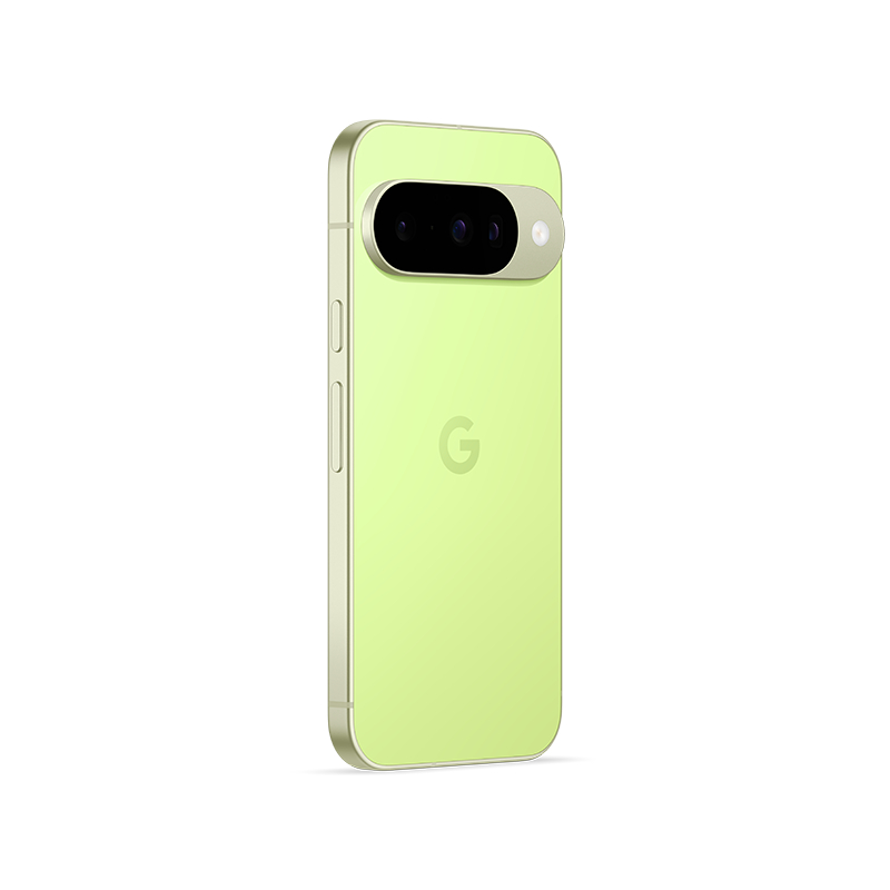 Ein limettfarbenes Smartphone mit Kameraleiste und silbernem Rahmen, mit dem Google-Logo auf der Rückseite.