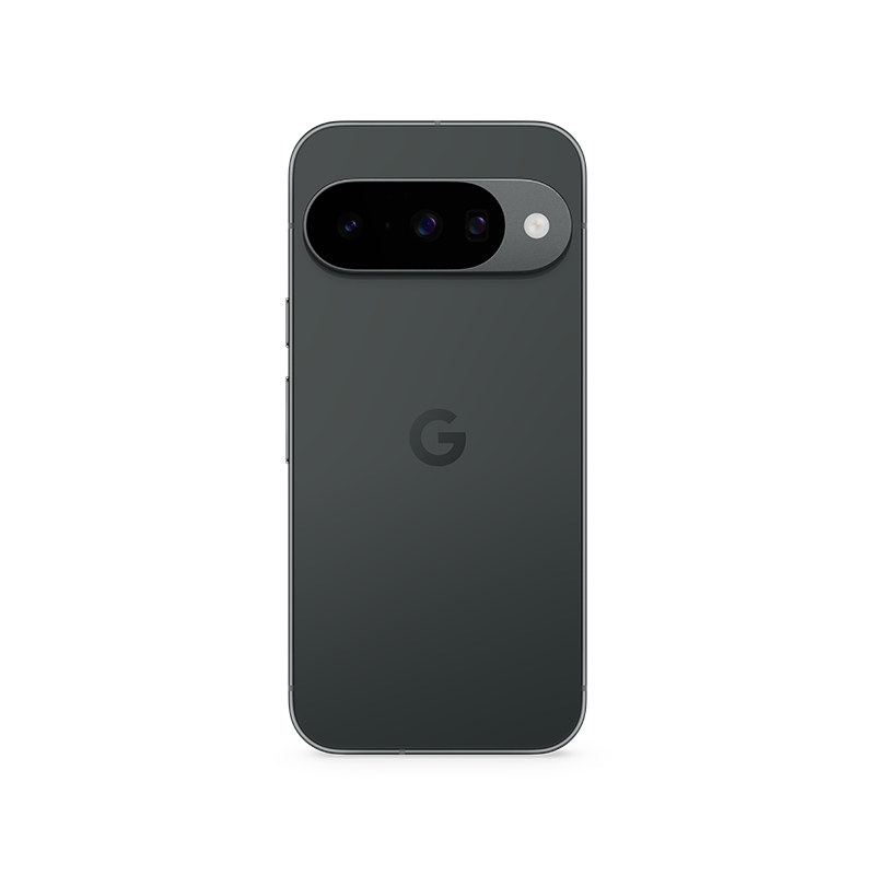 Die Rückseite eines dunkelgrauen Google Pixel-Telefons ist zu sehen. Es hat eine Kameraleiste und ein "G"-Logo. Das Telefon ist vor einem weißen Hintergrund zentriert.